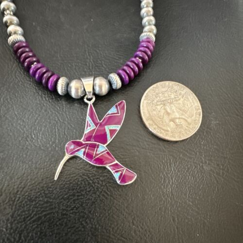 Navajo Hummingbird Purple Sugilite Inlay Pendant Necklace | Sterling Silver Inlay | Authentic Native American Handmade | 16762