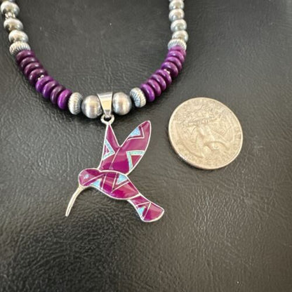 Navajo Hummingbird Purple Sugilite Inlay Pendant Necklace | Sterling Silver Inlay | Authentic Native American Handmade | 16762