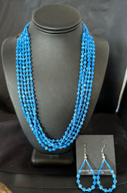 Navajo Blue Denim Lapis Necklace Earrings Set | 5-Strand Sterling Silver | Authentic Native American Handmade | 15772