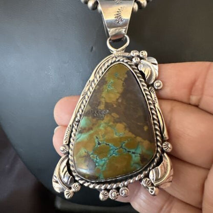 Men's Navajo Green Turquoise Pendant Necklace | Sterling Silver | Authentic Native American Handmade | 17531