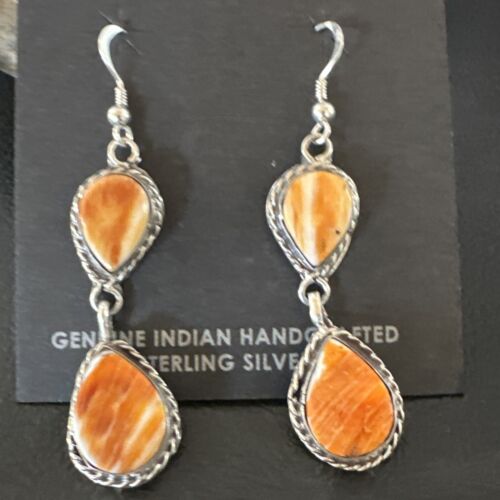 Navajo Orange Spiny Oyster Dangle Earrings | Sterling Silver | 1.5" | Authentic Native American Handmade | 16564