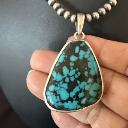 Men's Navajo Blue Spiderweb Turquoise Pendant Necklace | Sterling Silver | Authentic Native American Handmade | 16218