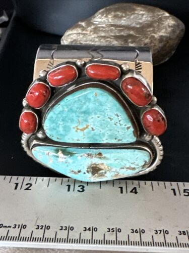 Navajo Green Royston Turquoise Coral Cuff Bracelet | Sterling Silver | Authentic Native American Handmade | 15309