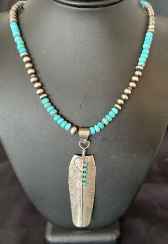 Men's Feather Turquoise Pendant | Navajo Sterling Silver Necklace 21" | Multi-Stone | 17445