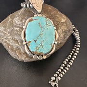 Navajo Blue Turquoise #8 Pendant | Sterling Silver Pearls Necklace | Authentic Native American Handmade | 17169