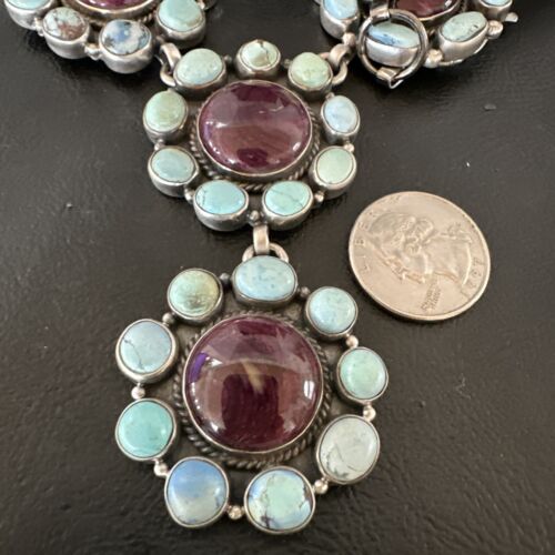 Navajo Turquoise Purple Spiny Cluster Lariat Necklace Pendant | Golden Hills | Authentic Native American Handmade | 16190