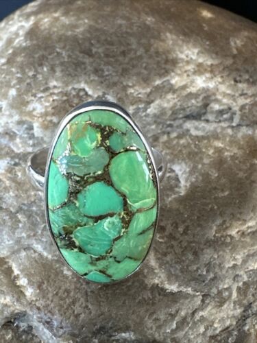 Navajo Green Mojave Turquoise Ring | Sterling Silver | Sz 8 | Authentic Native American Handmade | 15588