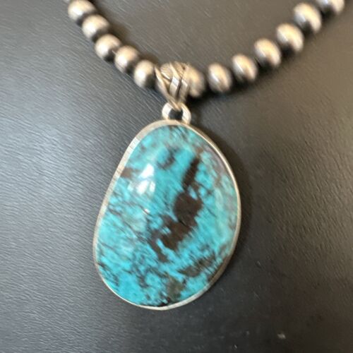 Men's Navajo Blue Spiderweb Turquoise Pendant Necklace | Sterling Silver | Authentic Native American Handmade | 16273