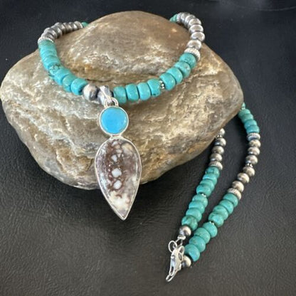 Navajo Wild Horse | Blue Kingman Turquoise Pendant Necklace | Sterling Silver | Native American Handmade | 17573
