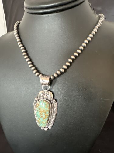 Navajo Blue Turquoise #8 Pendant | Sterling Silver Necklace with Pearls | Authentic Native American Handmade | 15904
