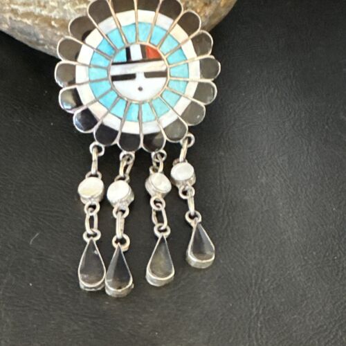 Sunface Zuni Inlay Turquoise Mother of Pearl Pin Pendant | Sterling Silver | Authentic Native American Handmade | 15177