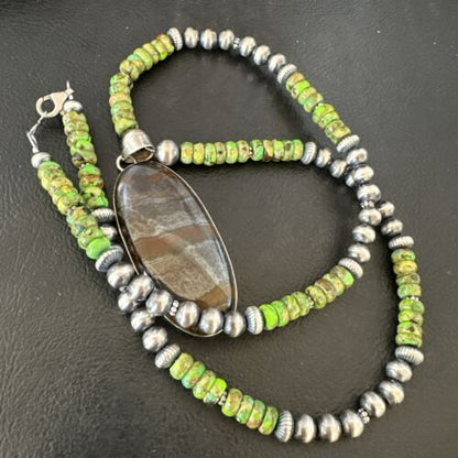 Navajo Green Turquoise Jasper Pendant | Sterling Silver Necklace | Authentic Native American Handmade | 17053