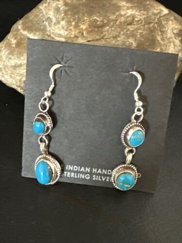 Kingman Turquoise Dangle Earrings | Navajo Sterling Silver | Authentic Native American Handmade | 14870