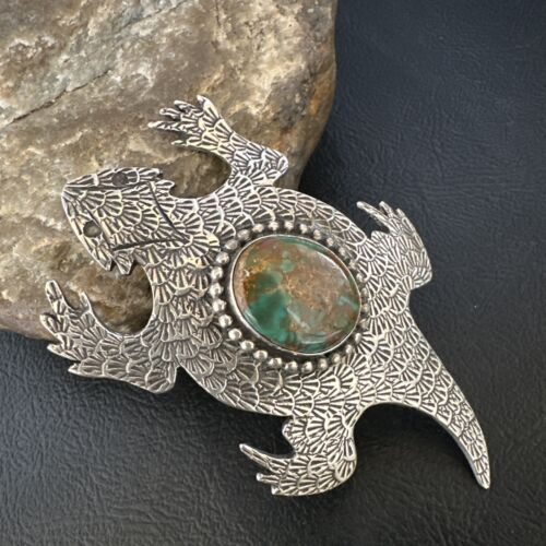Navajo Royston Green Turquoise Horny Toad Pin | Handmade Stamped | Authentic Native American | LC 15496