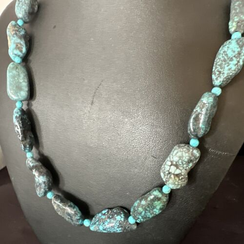 Navajo Blue Nugget Turquoise Bead Necklace | Sterling Silver Pearls | 20" | Authentic Native American Handmade | 16003