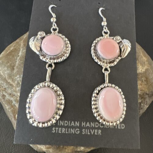 Navajo Pink Conch Shell Dangle Earrings | Sterling Silver | Authentic Native American Handmade | 17192