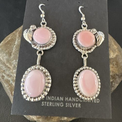 Navajo Pink Conch Shell Dangle Earrings | Sterling Silver | Authentic Native American Handmade | 17192