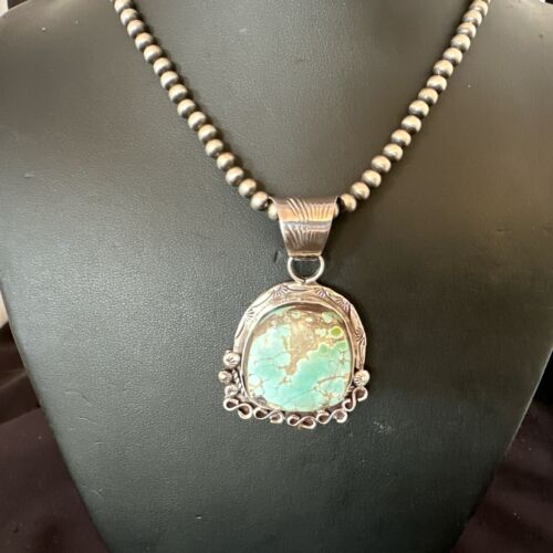 Women's Royston Turquoise Pendant Necklace | Navajo Pearls | Sterling Silver | Authentic Native American Handmade | 17065