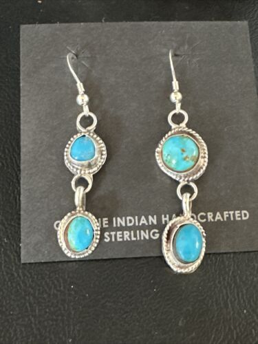 Kingman Turquoise Dangle Earrings | Navajo Sterling Silver | Authentic Native American Handmade | 14871