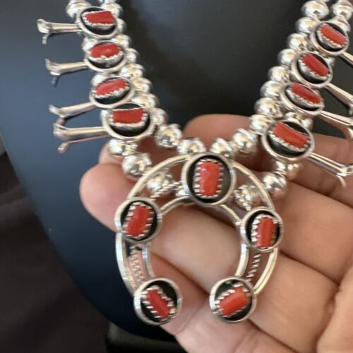 Navajo Red Coral Shadowbox Squash Blossom Necklace | Sterling Silver | 17" | Authentic Native American Handmade | 16118