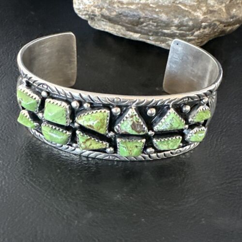 Navajo Green Gaspeite Cluster Cuff Bracelet | Sterling Silver | Authentic Native American Handmade | 16377
