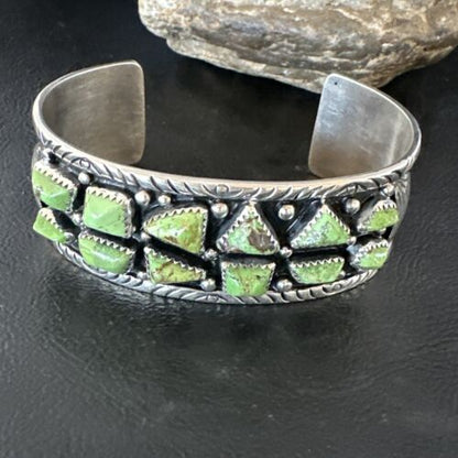 Navajo Green Gaspeite Cluster Cuff Bracelet | Sterling Silver | Authentic Native American Handmade | 16377