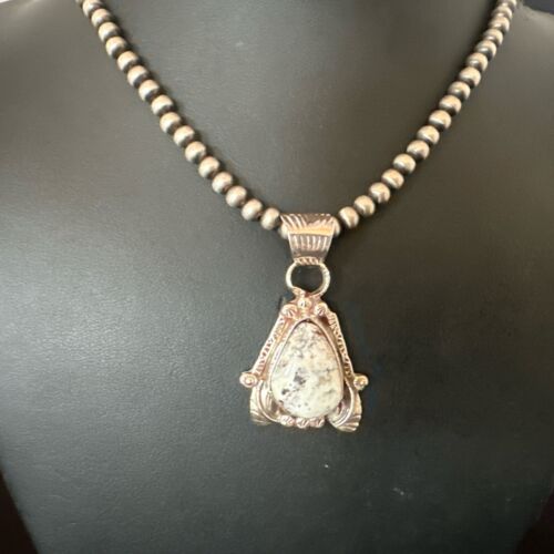 Men's White Buffalo Turquoise Pendant Necklace | Navajo Pearls | Sterling Silver | Native American Handmade | 17330
