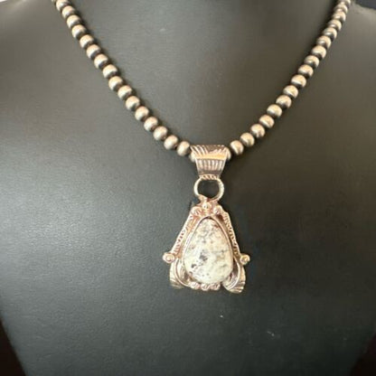 Men's White Buffalo Turquoise Pendant Necklace | Navajo Pearls | Sterling Silver | Native American Handmade | 17330