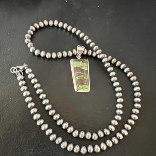 Navajo Green Gaspeite Pendant Necklace | Sterling Silver | Authentic Native American Handmade | 16361