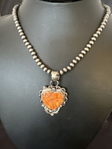 Navajo Orange Spiny Oyster Heart Pendant Necklace | Sterling Silver | Authentic Native American Handmade | 16419