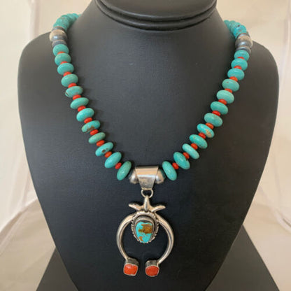Navajo Blue Turquoise Coral Naja Pendant Necklace | Sterling Silver | Authentic Native American Handmade | 02082