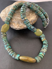 Men's Navajo Green Turquoise Nugget Heishi Bead Necklace | 21" | Sterling Silver | 02144