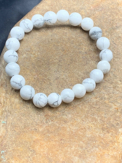 White Howlite Bead Mala Bracelet | 8mm | Stretchable | Authentic Native American Handmade | 4603