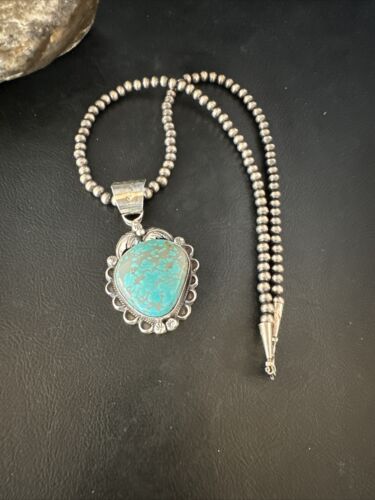 Navajo Pearls Sterling Silver Necklace with Blue Turquoise #8 Pendant | Authentic Native American Handmade | 14858