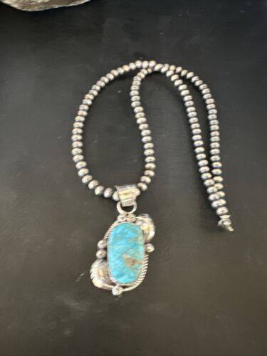 Navajo Kingman Turquoise Pendant Necklace | Sterling Silver | Native American Handmade | 15211