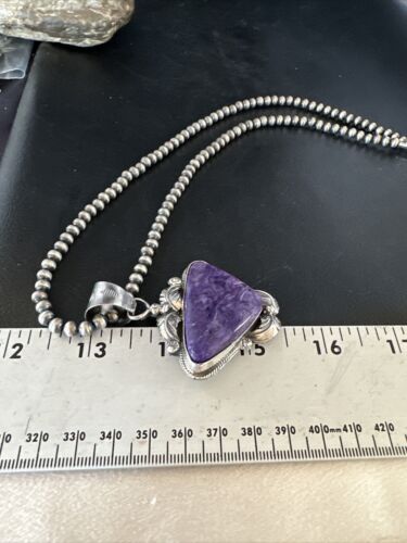 Navajo Pearls Necklace with Purple Charoite Pendant | Sterling Silver | Authentic Native American Handmade | 14883