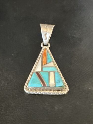 Navajo Blue Turquoise Spiny Mother of Pearl Inlay Pendant | Sterling Silver | Authentic Native American Handmade | 15195