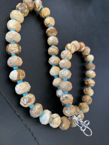 Navajo Sterling Silver Turquoise Picture Jasper Necklace Set | 19" | Authentic Native American Handmade | 1495