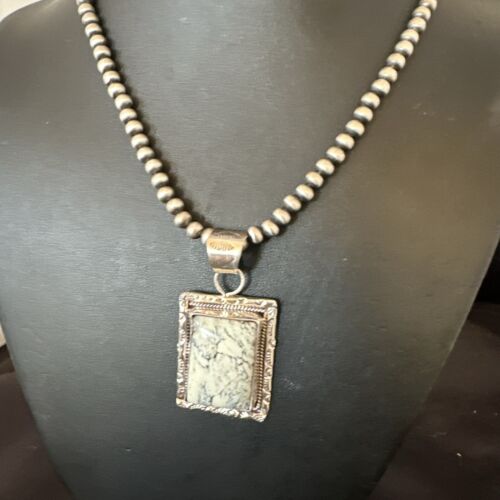 White Buffalo Turquoise Pendant | Navajo Pearls Sterling Silver Necklace | Authentic Native American Handmade | 17103