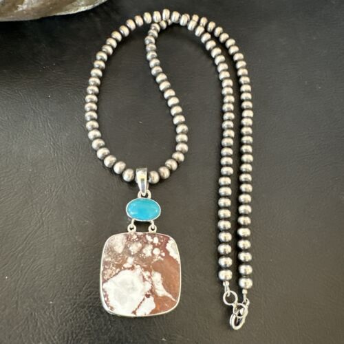 Men's Wild Horse Blue Kingman Turquoise Necklace | Sterling Silver SW Pendant | Multi-Stone | 17324