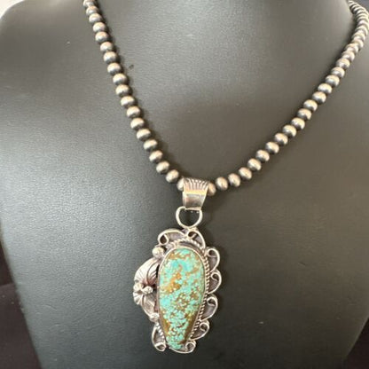 Navajo Blue Turquoise #8 Pendant | Sterling Silver Pearls Necklace | Authentic Native American Handmade | 15899