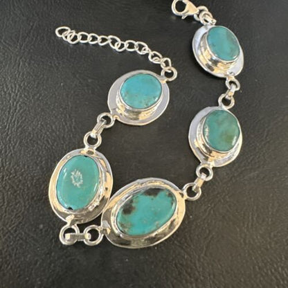 Navajo Blue Turquoise Link Bracelet | Sterling Silver | 8" | Authentic Native American Handmade | 15477