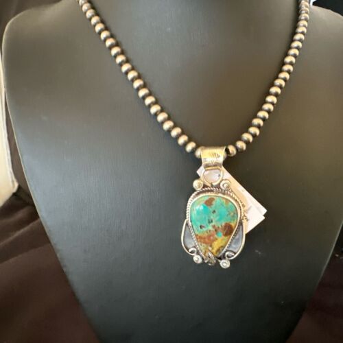 Navajo Blue Turquoise Pendant Necklace | Sterling Silver Pearls | Authentic Native American Handmade | 15653 - Masha USA
