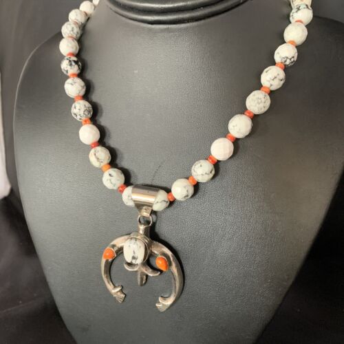 Navajo White Buffalo Turquoise Spiny Oyster Naja Pendant | Sterling Silver | Authentic Native American Handmade | 13648