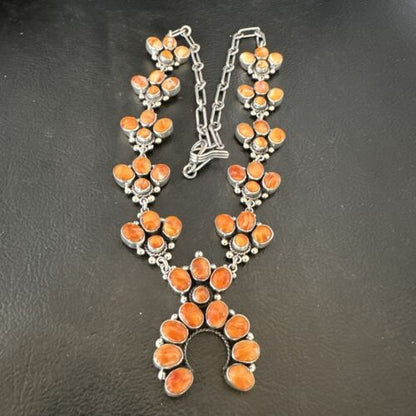 Navajo Orange Spiny Oyster Squash Blossom Necklace | Sterling Silver | Authentic Native American Handmade | 16830