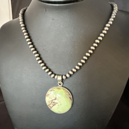 Navajo Green Gaspeite Pendant Necklace | Sterling Silver | Authentic Native American Handmade | 15492