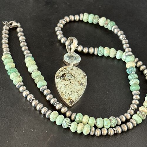 Navajo Green Turquoise Pendant Necklace | Sterling Silver | 21" | Authentic Native American Handmade | 14473