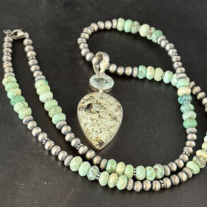 Navajo Green Turquoise Pendant Necklace | Sterling Silver | 21" | Authentic Native American Handmade | 14473