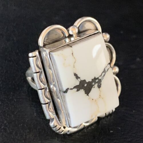 Navajo White Buffalo Turquoise Ring | Sterling Silver | Sz 8.5 | Authentic Native American Handmade | 13531