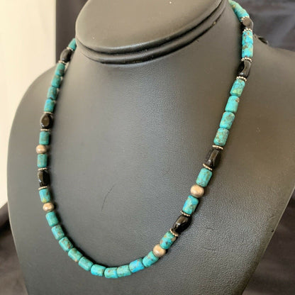 Authentic Tommy Singer Beads Necklace | Turquoise & Onyx | Sterling Silver | Gold | Native American Handmade | 17" | 10390